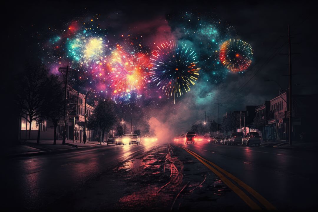 Multi coloured fireworks exploding over city street, created using generative ai technology - Free Images, Stock Photos and Pictures on Pikwizard.com