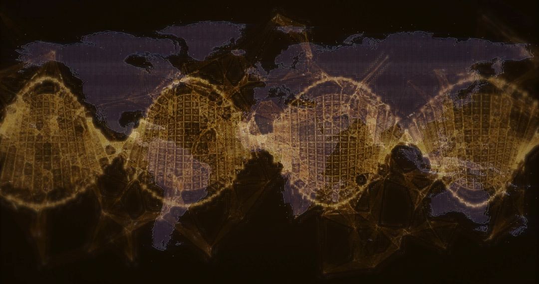 Glowing Amber Nodes on Digital World Map Illustrating Global Network