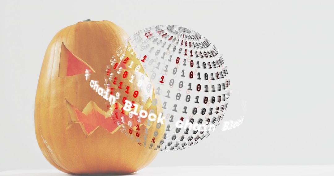Carved Jack-o-Lantern Facing Floating Binary Data Sphere with Glowing Blockchain Ribbon