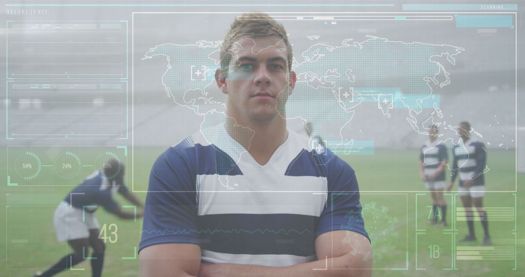 Confident Rugby Player with Digital Globalization Technology Overlay