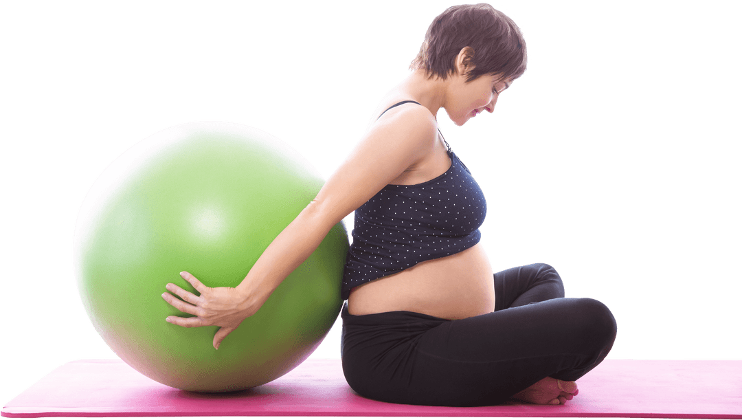 Pregnant Woman Practicing Yoga with Exercise Ball in Transparent Setting