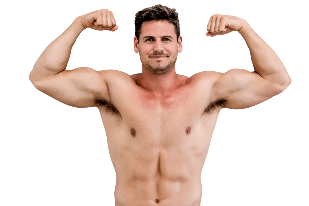Caucasian Muscular Man Flexing on Transparent Background