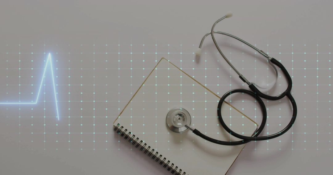 Stethoscope on Notepad with Digital Heartbeat Graphic