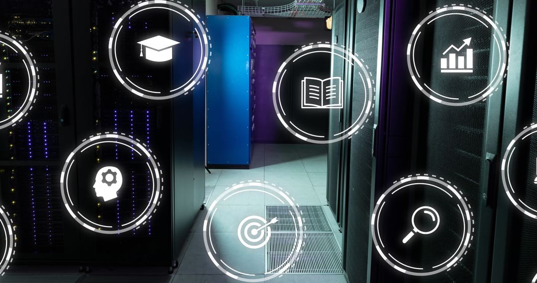 Digital Technology in Modern Server Room Displaying Data Icons