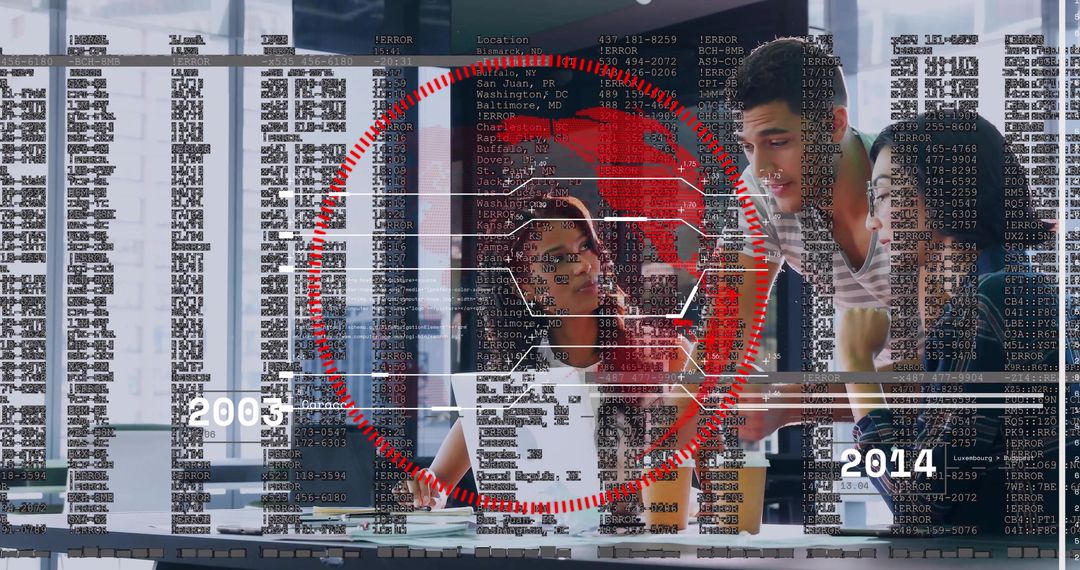 Analyzing team collaborating over laptop with futuristic HUD data overlay and timeline