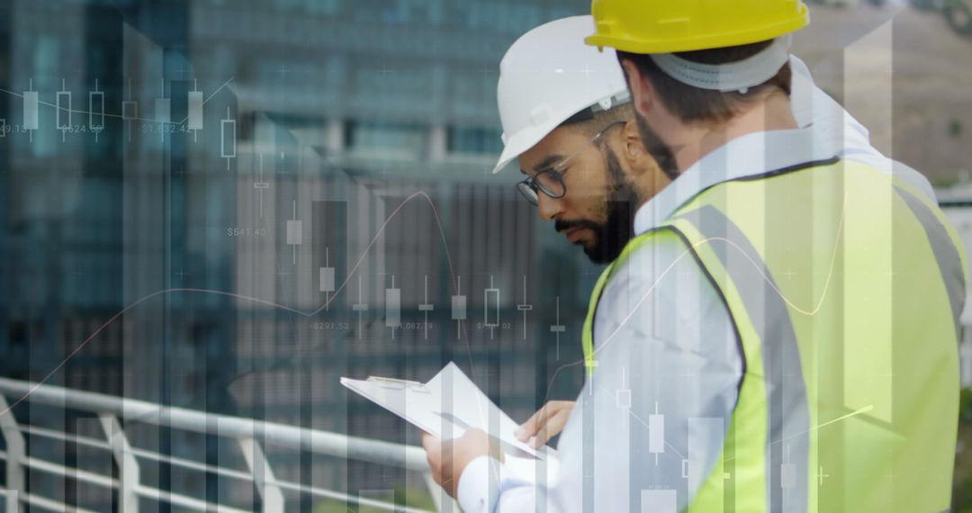Engineers Analyzing Construction Plans with Digital Data Overlay