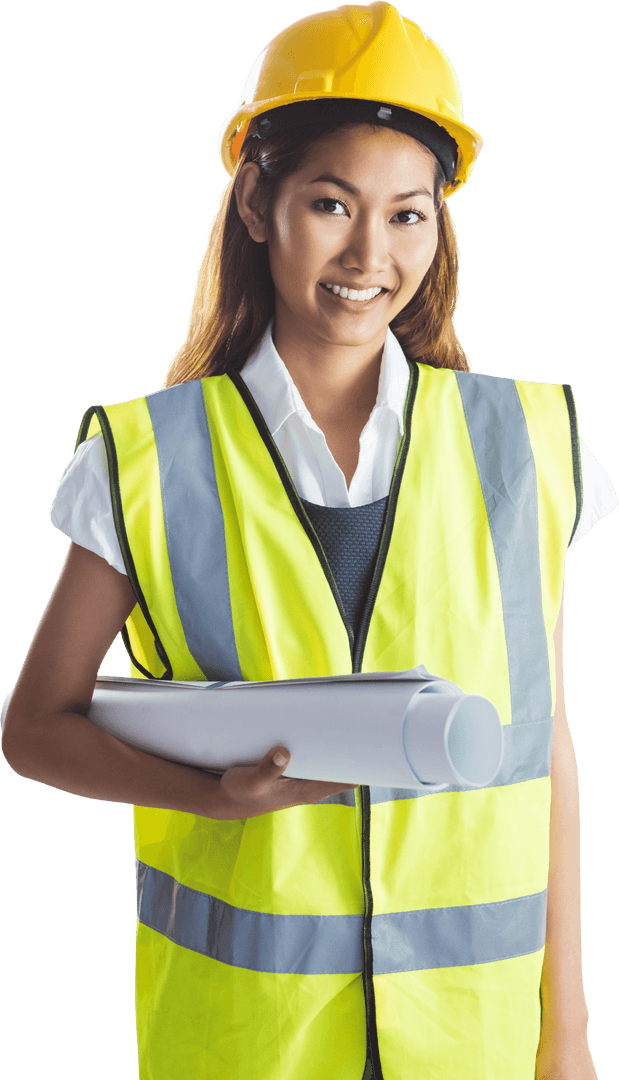 Transparent Architect Woman Holding Building Plans with Helmet