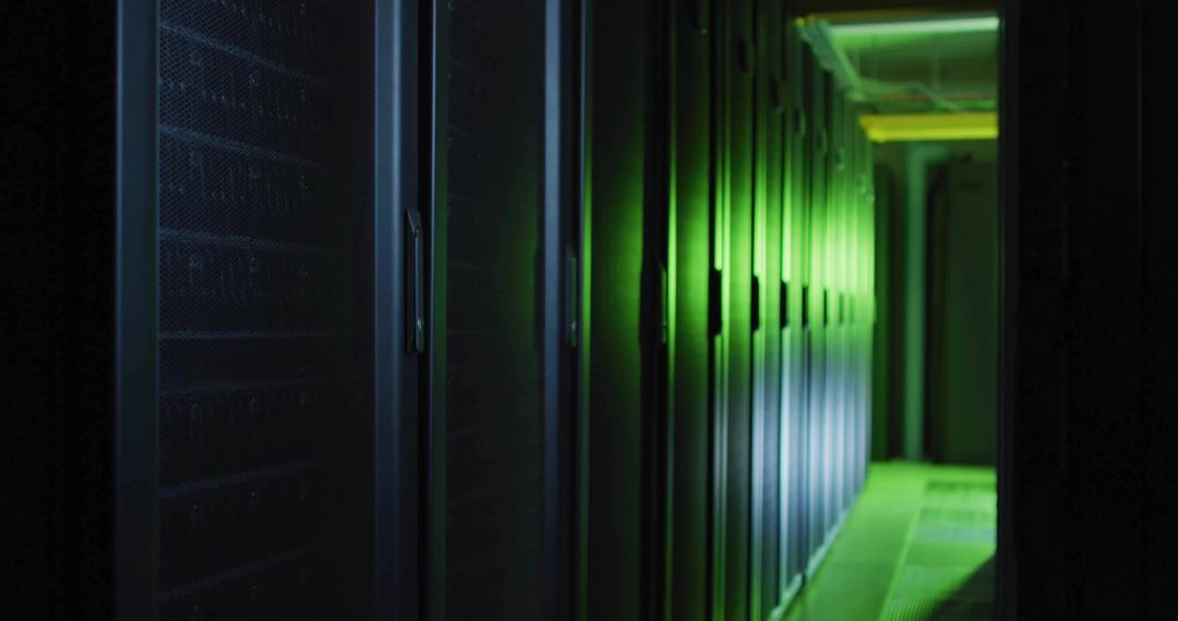 Glowing Green Data Center Corridor with Server Racks