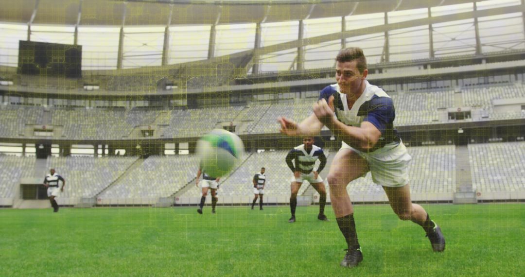 Rugby Match Action in Stadium with Players Engaging Game