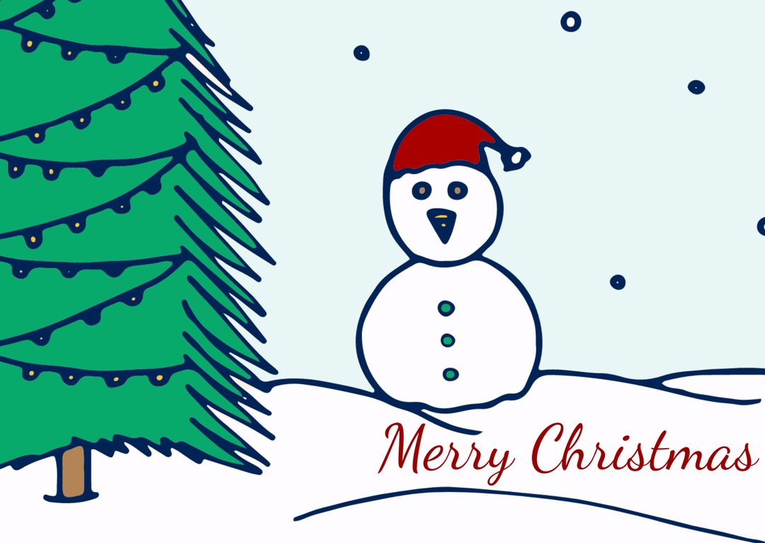 Cheerful Snowman Next to Christmas Tree in Snowy Scene