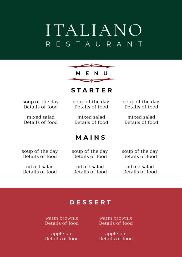 Italian Restaurant Menu with Green White Red Design