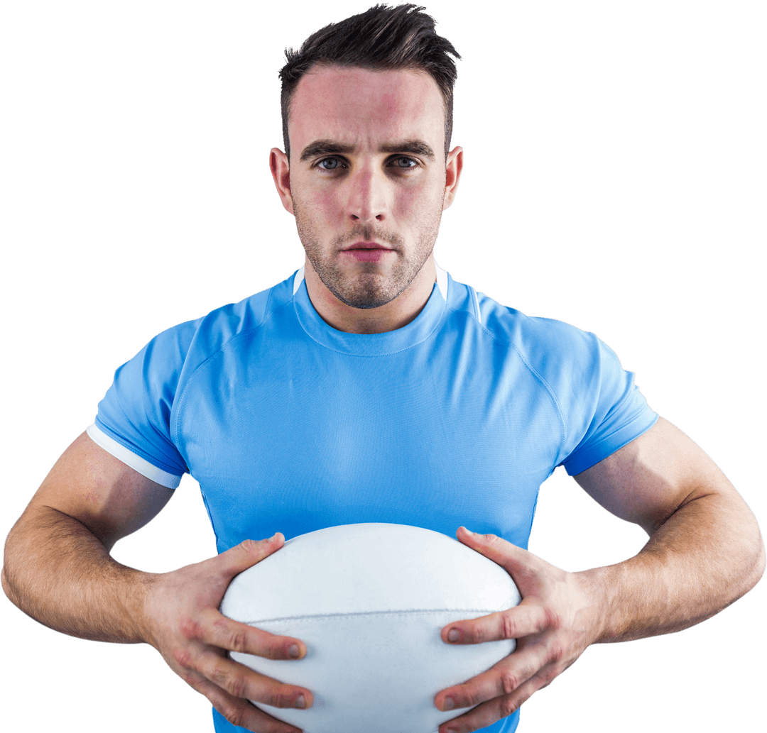 Confident Rugby Player in Blue Jersey Holding Ball Transparent Background