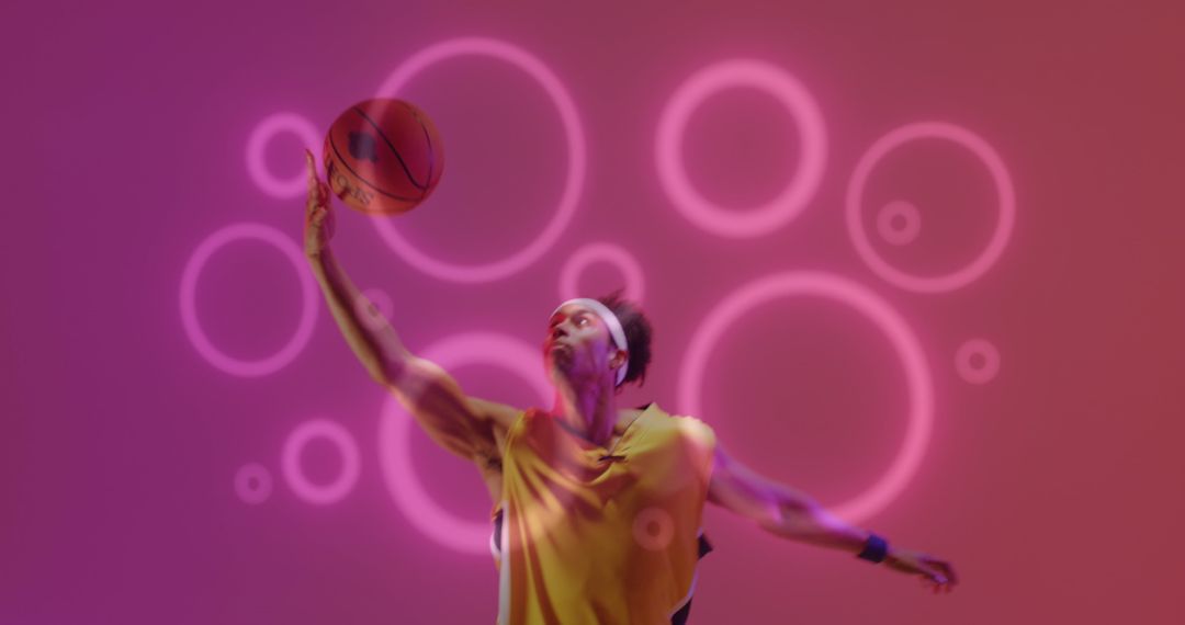 Energetic Biracial Basketball Player with Dynamic Neon Background