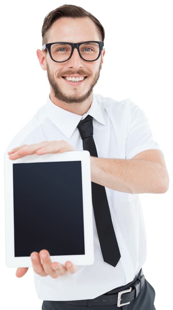 smiling geeky businessman displaying transparent tablet pc - Download Free Stock Images Pikwizard.com