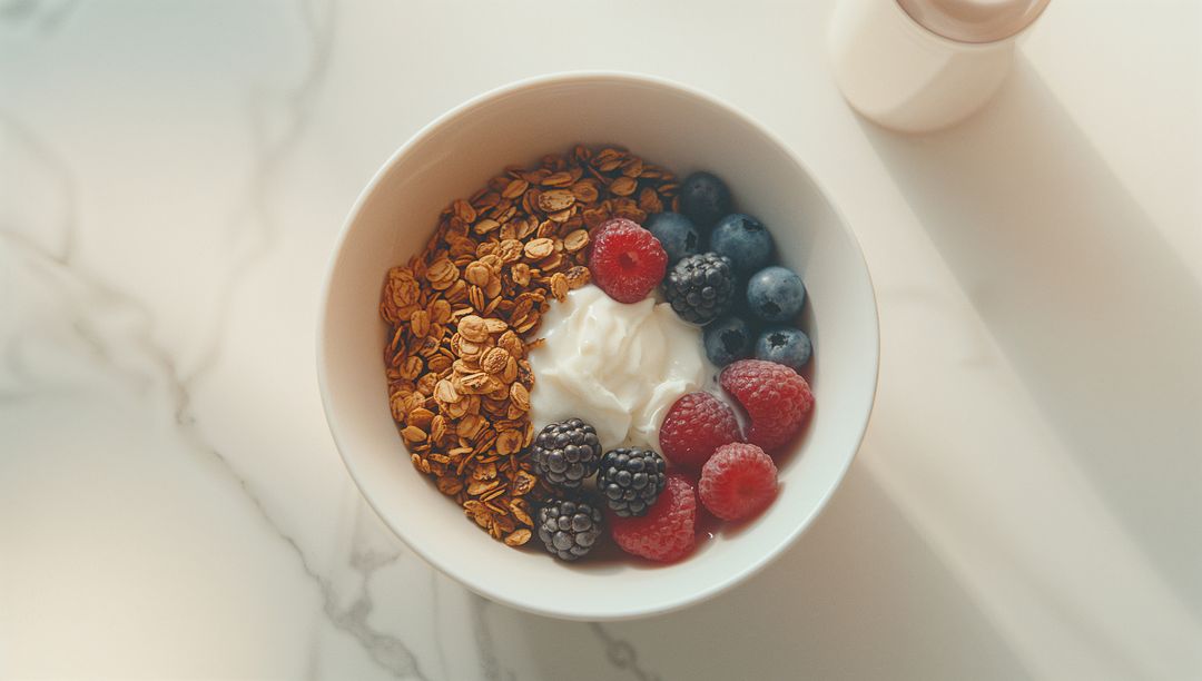 Healthy Breakfast Bowl with Yogurt, Granola, and Berries on Marble Surface