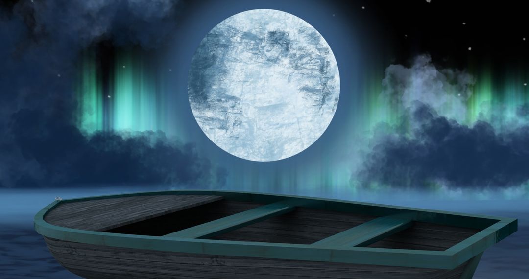 Boat on Calm Night Sea Under Full Moon and Aurora Borealis