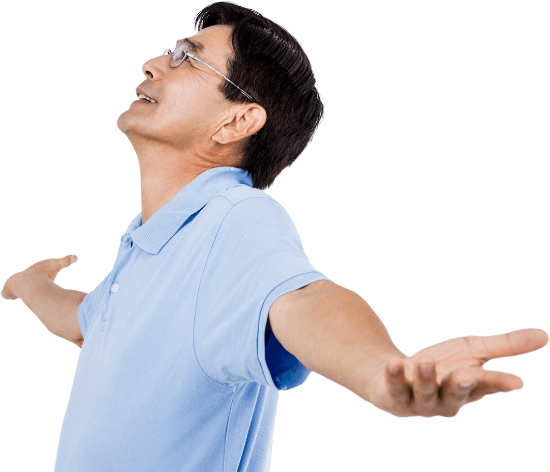 Man in Blue Polo Shouting for Joy with Outstretched Arms on Transparent Background