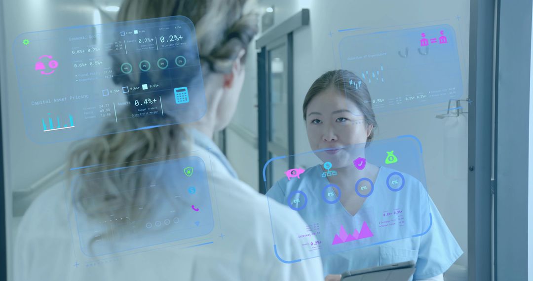 Clinicians Collaborating with Holographic Data Panels in Futuristic Hospital Corridor