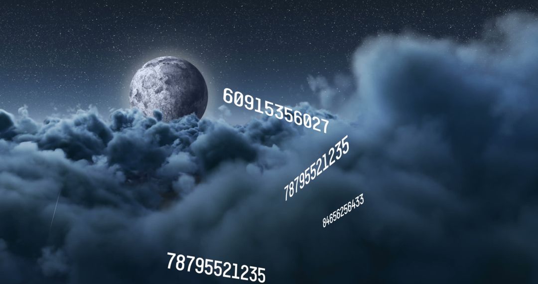 Mystical Night Sky with Digital Numbers and Moon