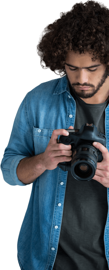 Transparent Young Photographer Operating DSLR Camera