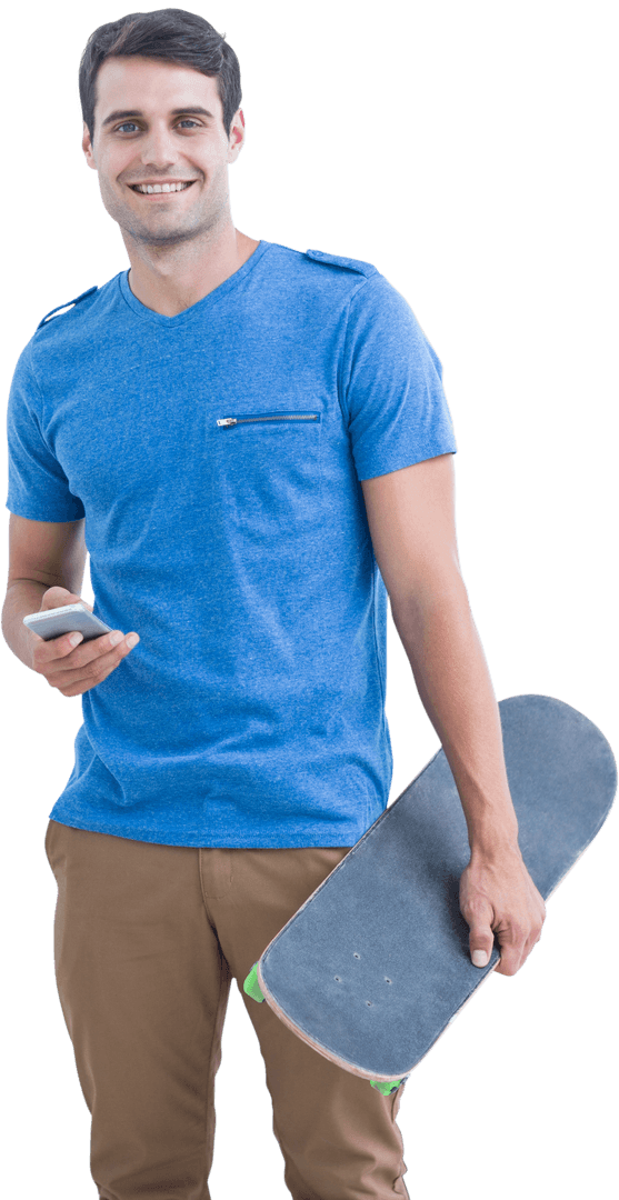 Smiling Caucasian Man with Skateboard and Smartphone Transparent Background