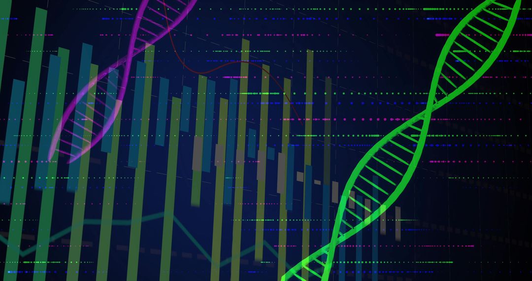 Neon DNA Double Helix Overlaying Financial Dashboard Visualizing Genomic Data and Analytics