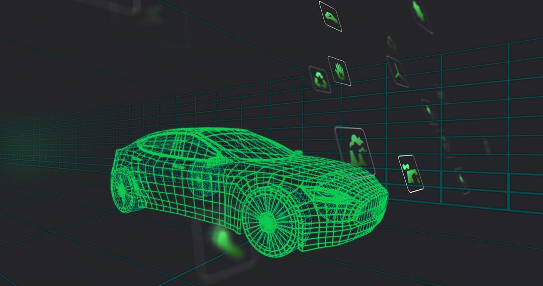 Futuristic Neon Wireframe Car in Virtual 3D Space