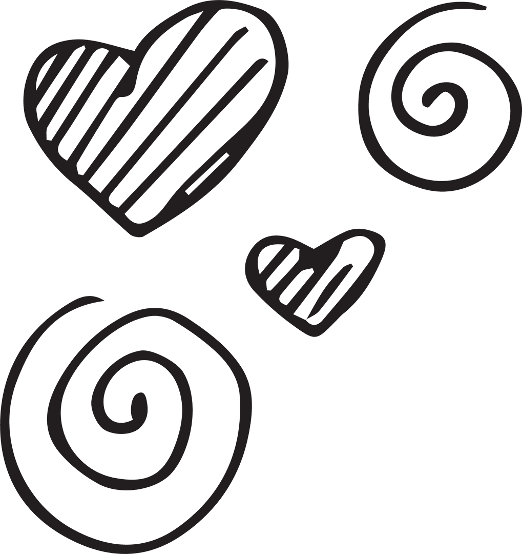 Hand-Drawn Hearts and Spirals on Transparent Background