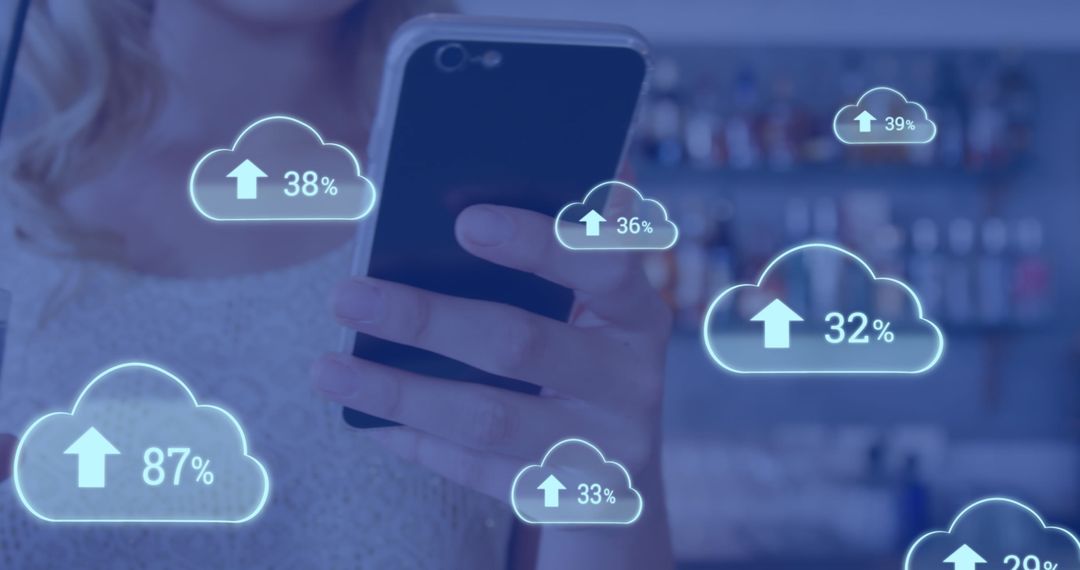 Woman Using Smartphone with Dynamic Cloud Upload Icons