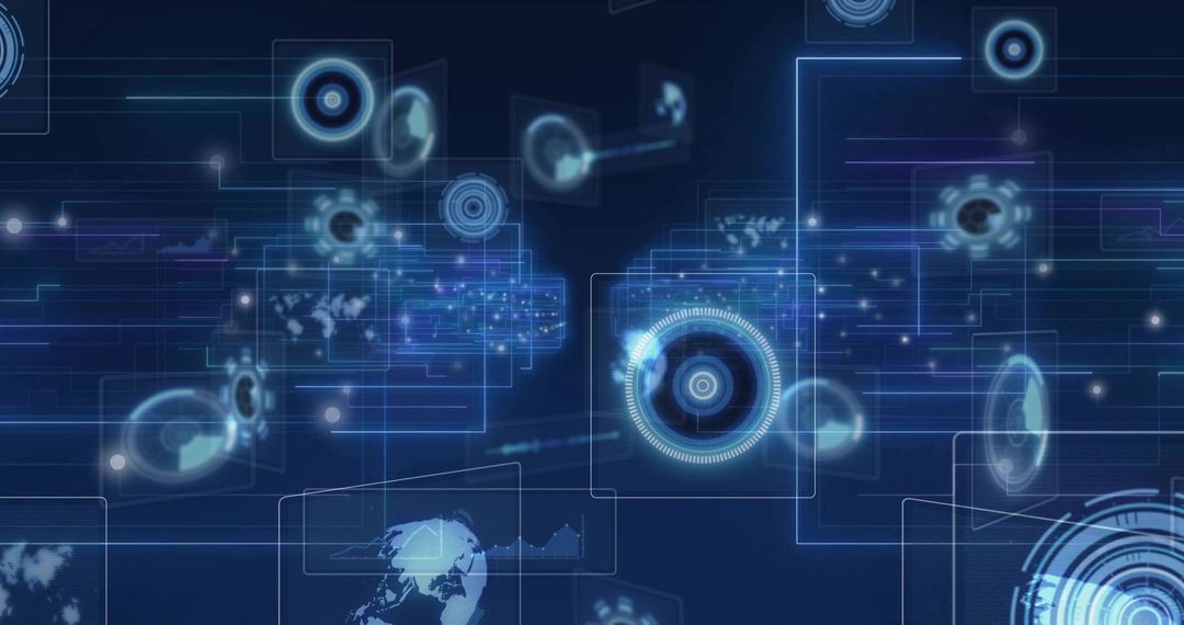 Futuristic Digital Interface with Circular Elements and Network Lines
