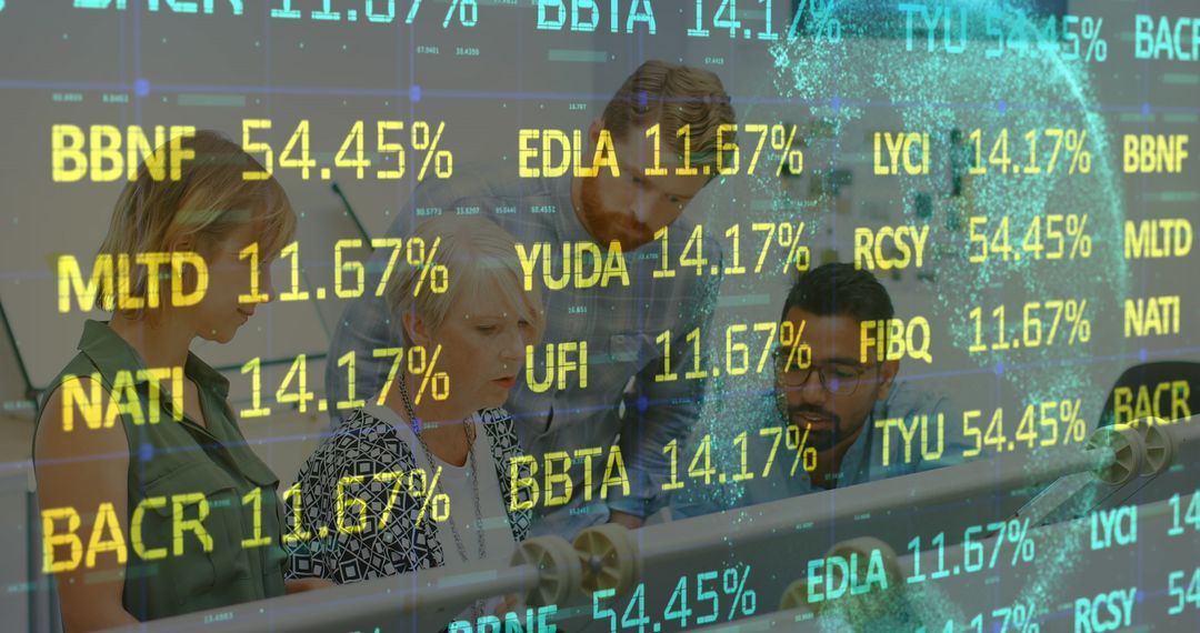 Business Professionals Analyzing Financial Data with Technology Overlay