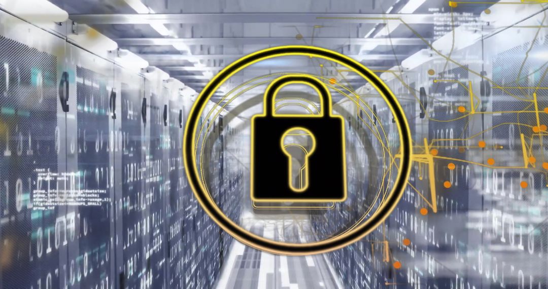 Cybersecurity Concept with Central Padlock Icon and Server Data Flow