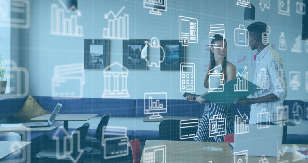 Digital Interface Over Business Coworkers Discussing Reports in Office