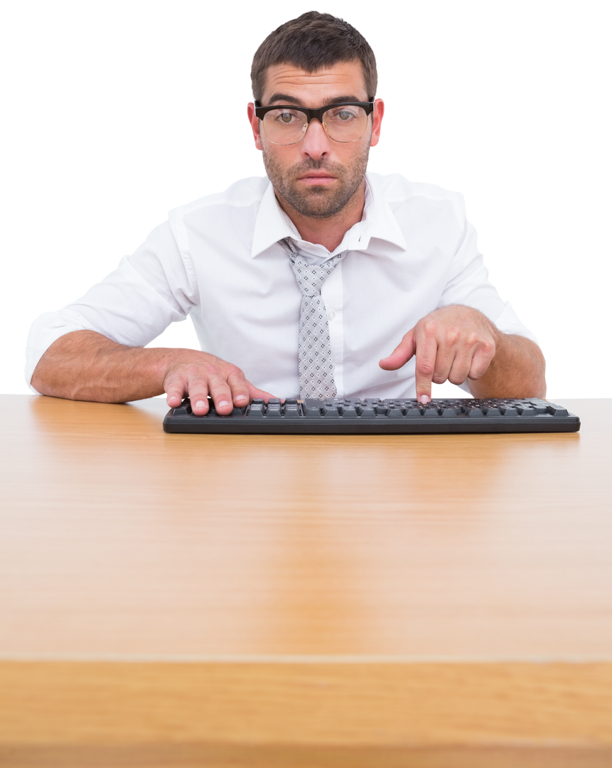 Focused Businessman Typing on Keyboard in Transparent Workspace - Download Free Stock Images Pikwizard.com