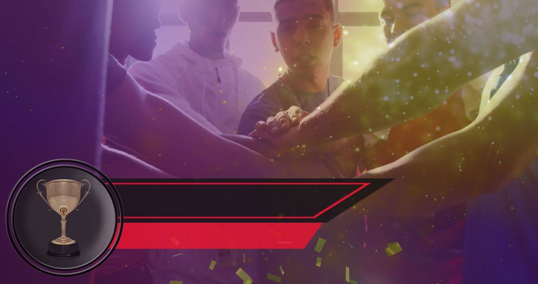 Celebrate Victory Team Huddle with Glowing Trophy and Confetti