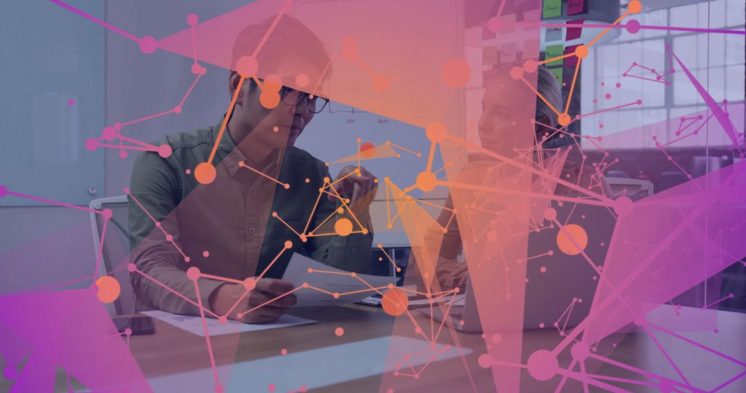 Multicultural Team Collaborating in Modern Office with Technology Overlay