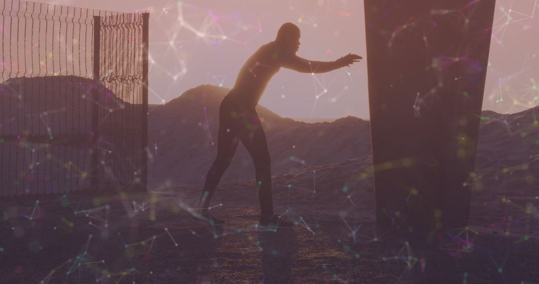 Athlete Stretching With Futuristic Connection Graphics Overlay