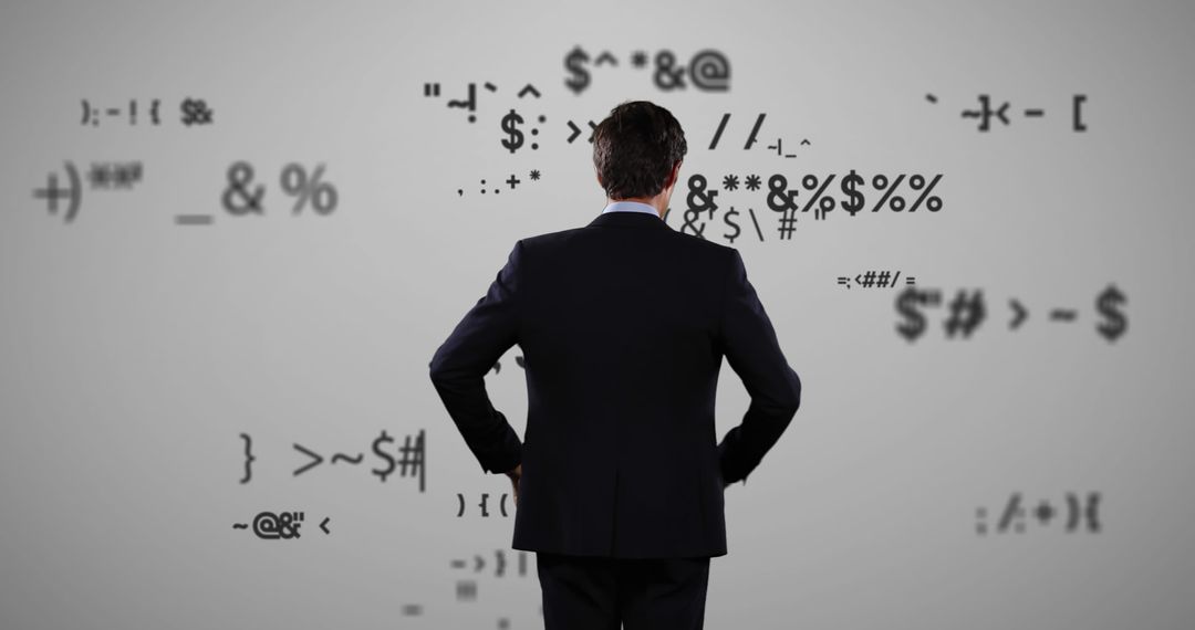 Businessman Analyzing Digital Symbols in Futuristic Interface