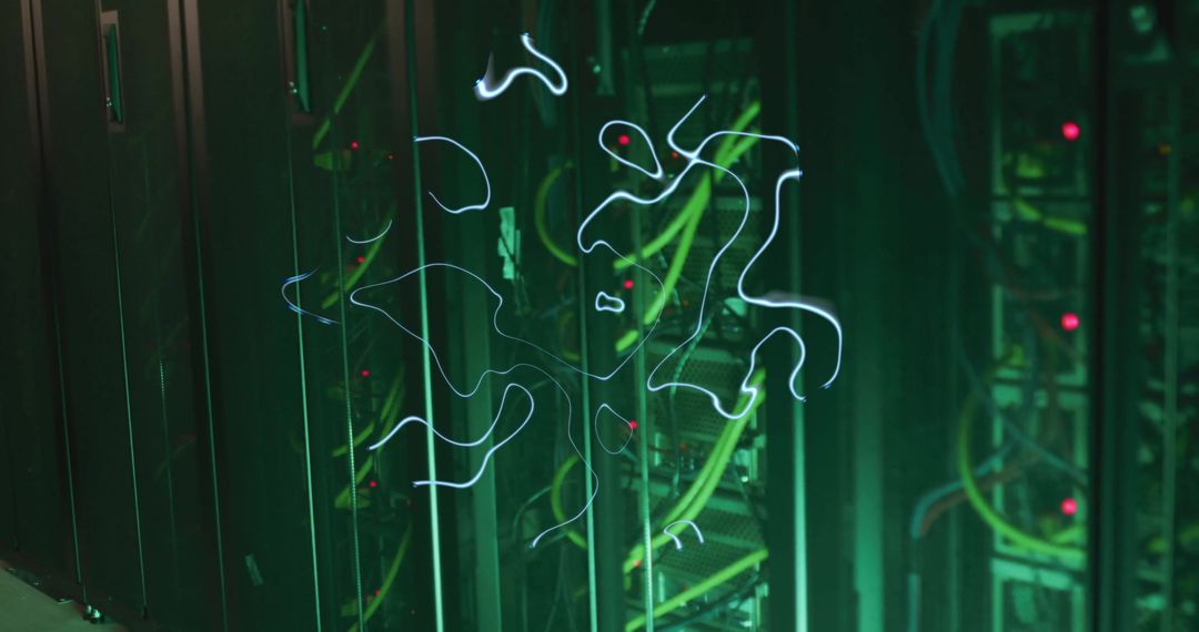 Futuristic Glowing Lines Over Data Center Server Racks