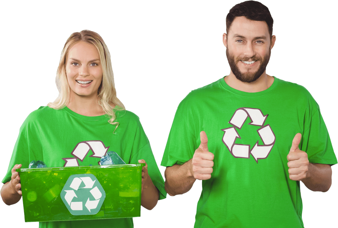 Cheerful Volunteers Promoting Recycling with Thumbs Up in Transparent Background