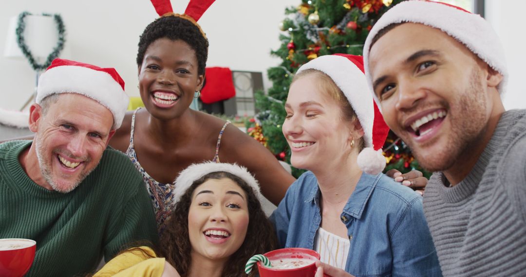 Diverse Group of Friends Celebrating Christmas with Santa Hats - Free Images, Stock Photos and Pictures on Pikwizard.com