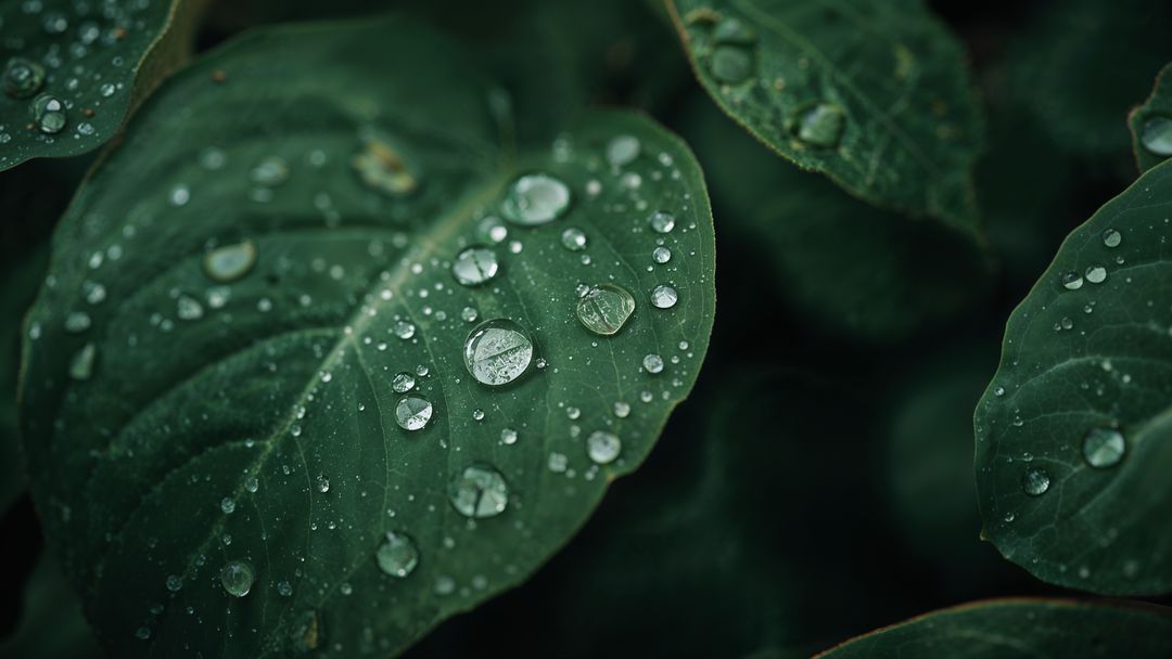 Vibrant Green Leaf with Dew Drops in Moody Natural Setting