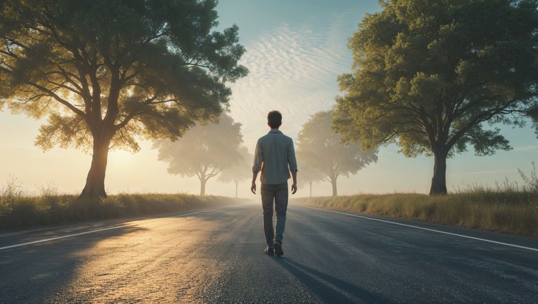 Man walking along peaceful rural road at sunrise, symbolizing forgiveness