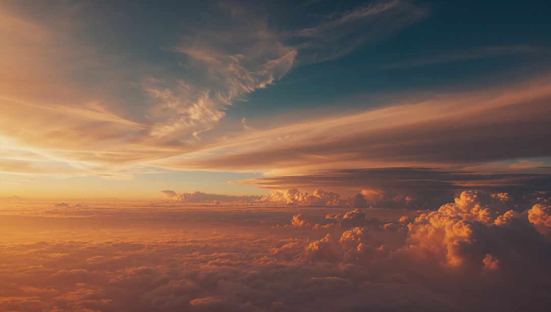 Sunlit Cloudscape Above Horizon at Sunset