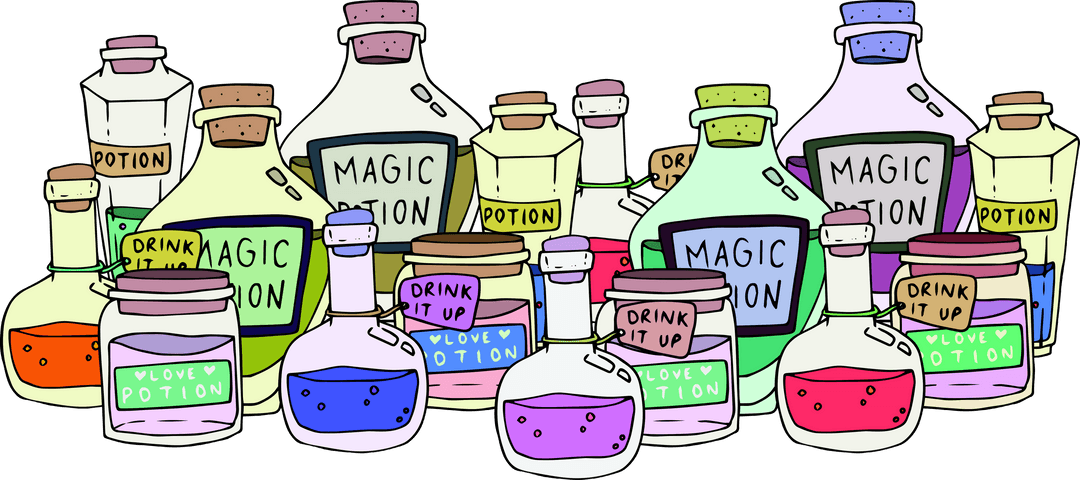 Assortment of Transparent Magic Potion Jars in Pastel Tones