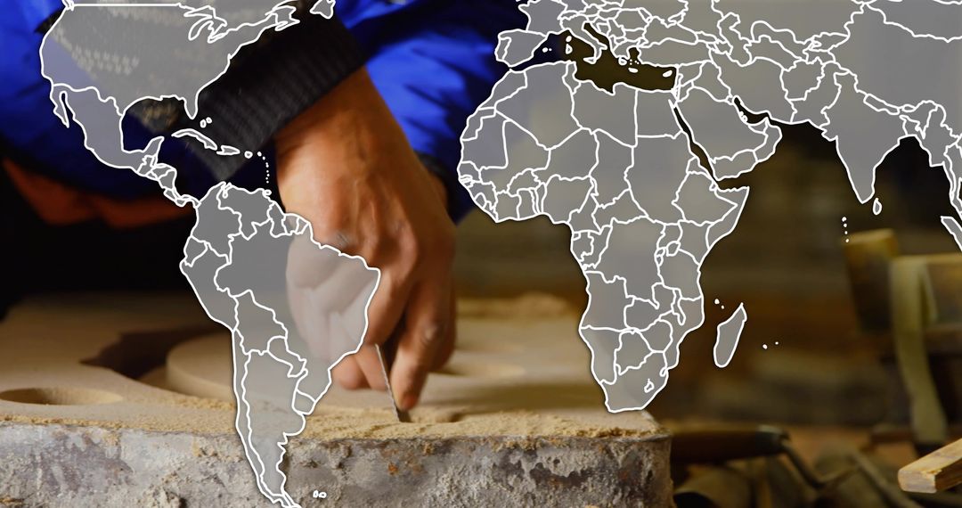 Artisan hand carving clay slab with chisel and world map overlay representing global crafts