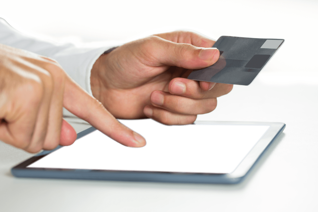 Businessman Using Tablet with Credit Card on Transparent Background