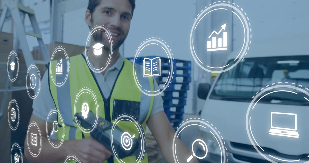 Warehouse worker scanning handheld scanner overlay showing inventory metrics and logistics