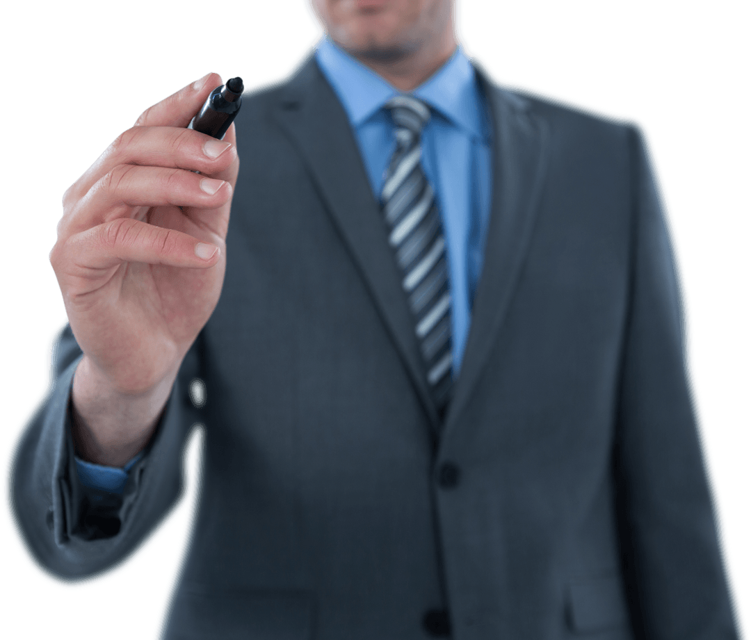 Businessman Writing on Transparent Screen in Formal Suit