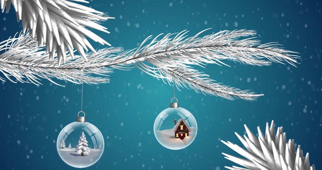 Winter Christmas Baubles Hanging on Snowy Branch